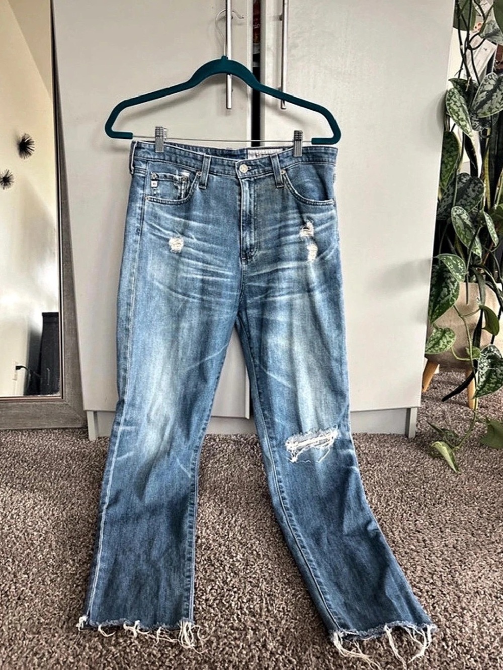 AG Distressed Bootcut Jeans in Blue